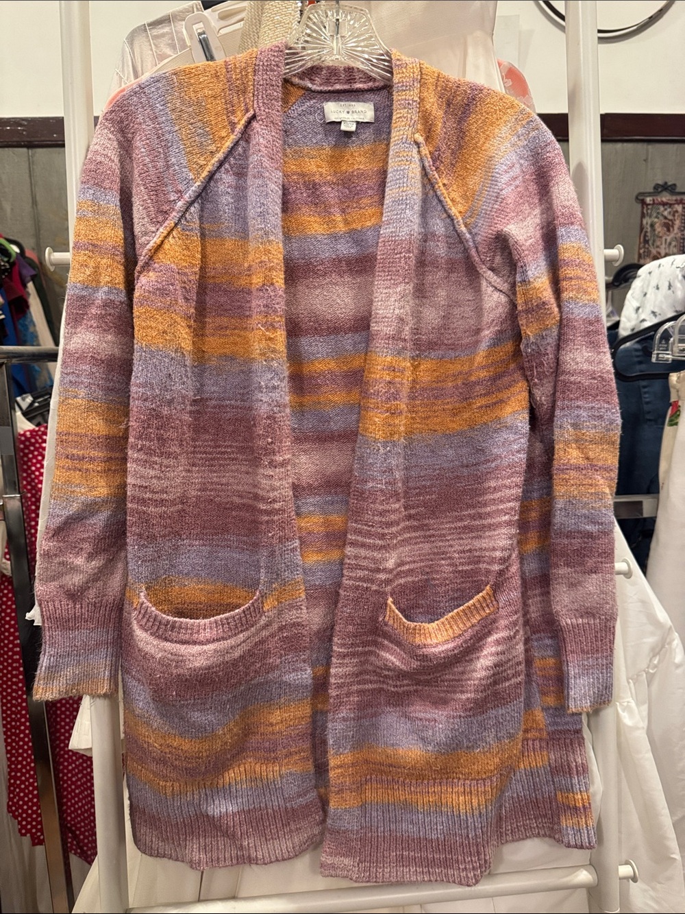Lucky Brand Open-Front Striped Cardigan in Pink, Lavender & Mustard